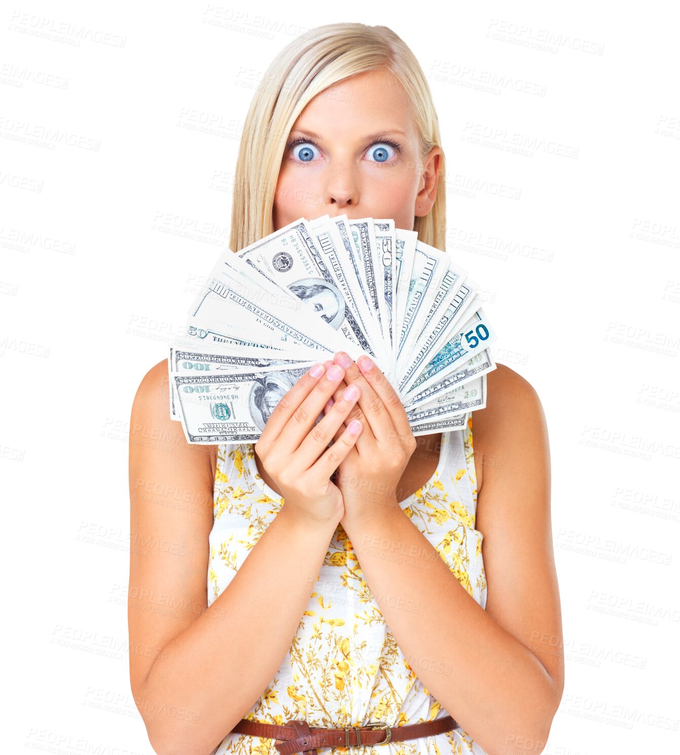 Buy stock photo Woman, winner and wow for money or cash in hands for prize isolated on png, transparent background. Person surprise with dollar bills and big eyes for lottery competition win, reward or bonus profit
