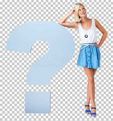 Buy stock photo Question mark, doubt and woman with thinking, curiosity and contemplating expression. Confusion, wondering and full length of a thoughtful female model isolated on a transparent png background