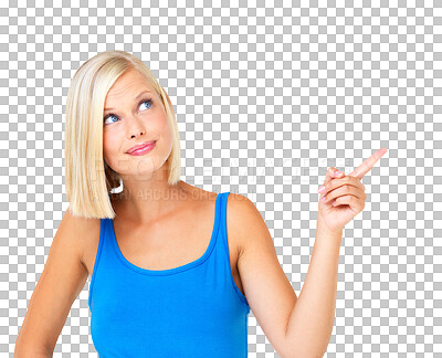 Buy stock photo Thinking, marketing and woman is pointing to promotion, branding or advertising isolated on transparent or png background. Offer, promo and show off brand, presentation and young female ambassador