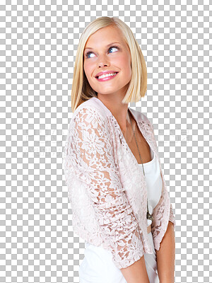 Woman, thinking and happy model with casual fashion. smile and person with happiness and a smile with mock up in a studio and a beautiful female alone isolated on a png background