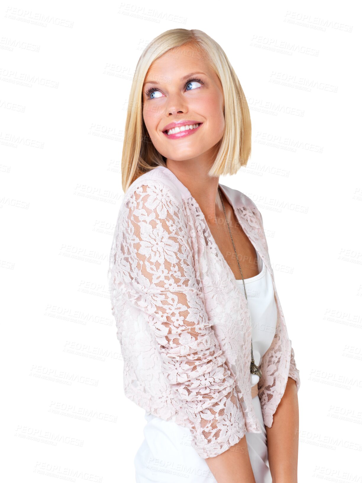 Buy stock photo Thinking, happy and smile by woman in studio for fashion, style and glamour isolated on transparent png background. Contemplating, emoji and confident girl pose, good mood and stylish or fashionable