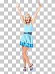 Isolated, happy and winner with portrait of woman and mockup for celebration, motivation and success. Freedom, wow and goals with girl for party, confident and energy isolated on a png background