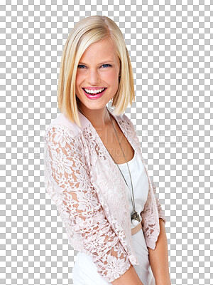 Buy stock photo Happy, portrait and laughing woman in studio for fashion, style and glamour isolated on transparent png background. Face, humor and confident girl smile, laugh and enjoying silly, funny or comedy