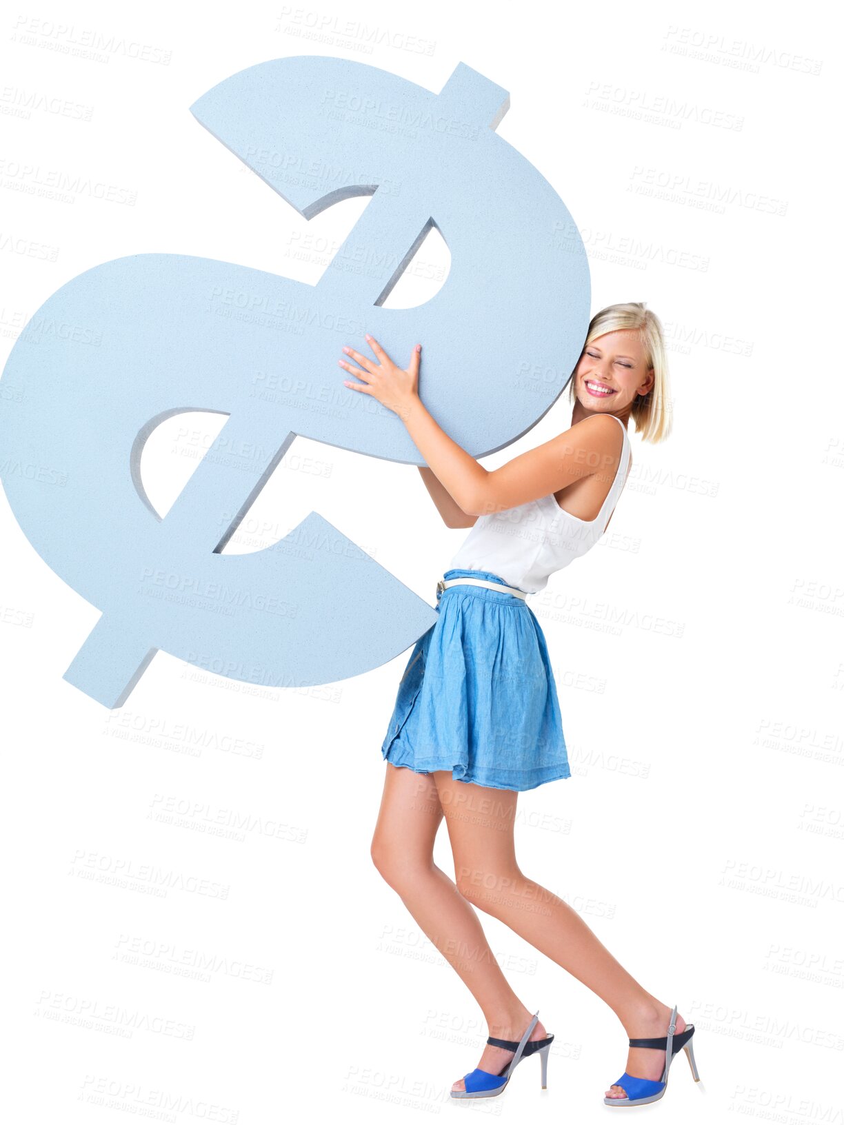 Buy stock photo Woman, dollar sign and happy for money or investment growth isolated on png, transparent background. Female model with a icon or symbol for profit, economy and lottery competition or bonus win