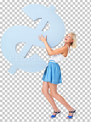 Buy stock photo Woman, dollar sign and money or finance growth isolated on a png, transparent background. Female model balance with icon or symbol for currency, economy and lottery competition win or inflation