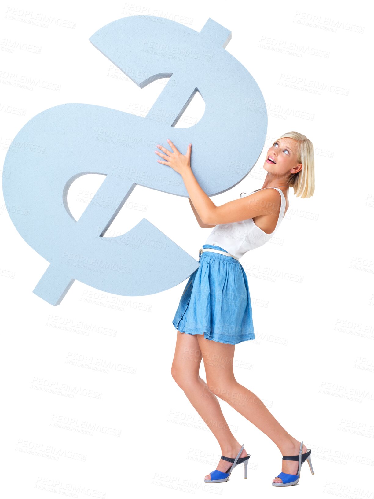 Buy stock photo Woman, dollar sign and money or finance growth isolated on a png, transparent background. Female model balance with icon or symbol for currency, economy and lottery competition win or inflation