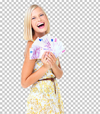 Buy stock photo Fan, money and portrait of happy woman isolated on transparent, png background winning, wow and financial success. Rich, lotto and wealth person or winner with investment bonus, cashback or lottery