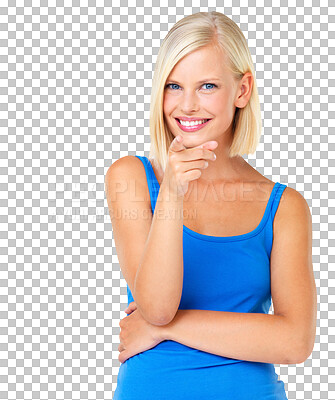 Buy stock photo Happy, portrait and woman pointing finger in studio for calling, direction or sign language. Happiness, smile and female model with point gesture or hand sign isolated on a transparent png background