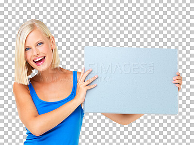 Buy stock photo Portrait, smile and woman with mock up poster isolated on a transparent png background. Copy space, blank banner and happiness of person with product placement, advertising or marketing for promotion