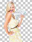 Portrait of woman with cash, smile and dollar, saving and investment profit or startup finance loan. Money, budget and success with financial freedom in studio with bonus isolated on a png background