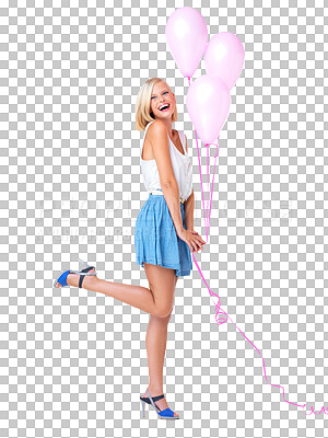 Woman, studio and pink balloons with smile for valentines day gift with happiness, fashion or beauty. Isolated model, happy or excited for party, dating or anniversary celebration isolated on a png background