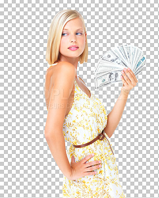 Woman with money, dollar fan and shopping budget for discount saving and profit with finance loan. Cash, payment and success with financial freedom in studio or bonus isolated on a png background