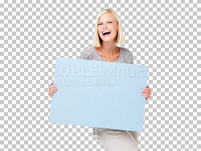 Buy stock photo Laughing, portrait and woman with poster for mockup isolated on a transparent png background. Funny, billboard and happy person with marketing, product placement or advertising for promotion space.