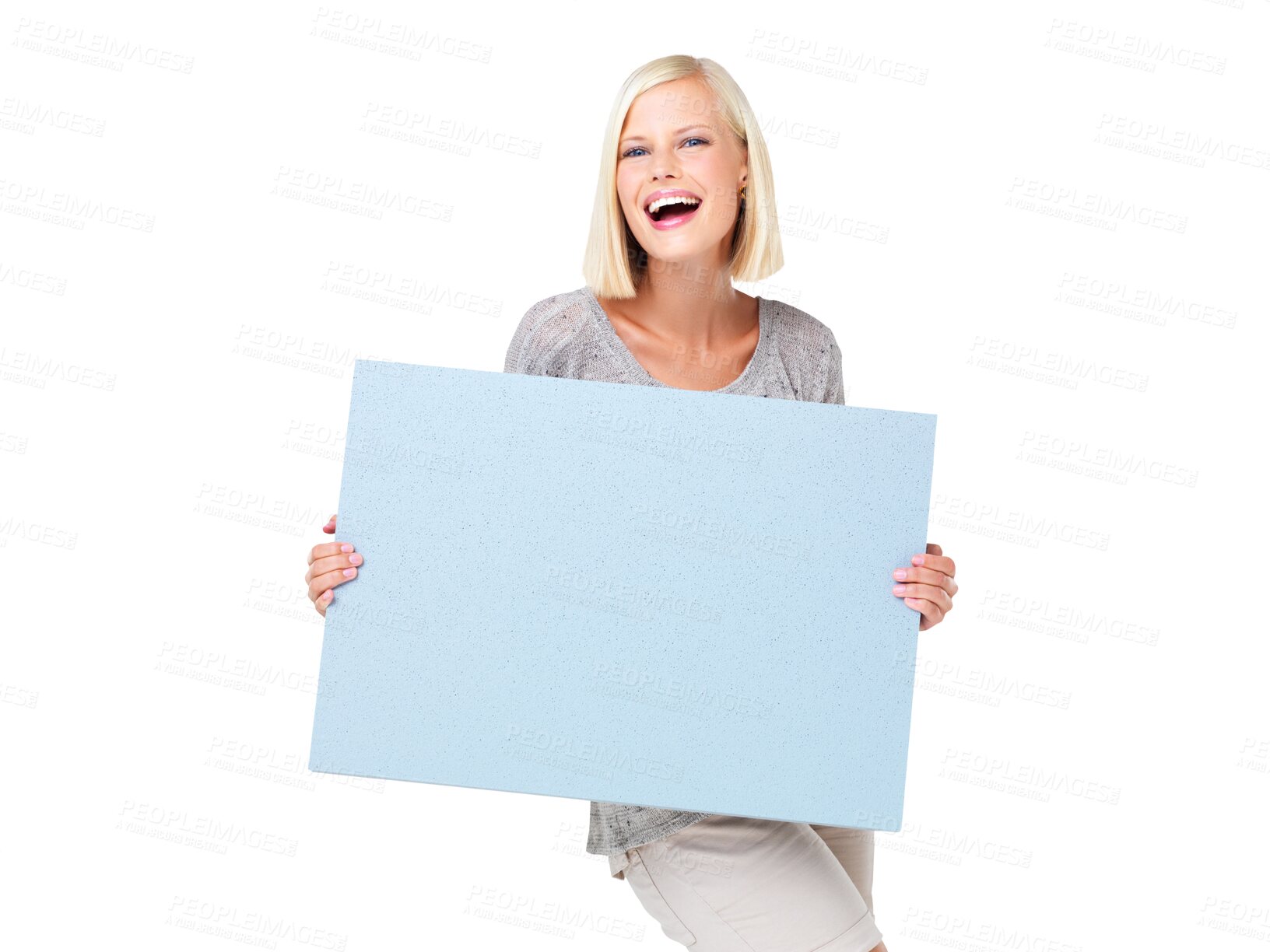 Buy stock photo Laughing, portrait and woman with poster for mockup isolated on a transparent png background. Funny, billboard and happy person with marketing, product placement or advertising for promotion space.