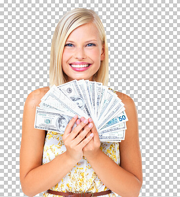 Buy stock photo Happy winner, woman and money or cash prize in hands isolated on a png, transparent background. Female portrait with smile and dollar bills for currency, economy and lottery competition or bonus win
