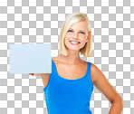 Mockup, card and woman with paper advertising, marketing and billboard for sale, deal or giveaway. Portrait, branding and female showing brand on a board isolated on a png background