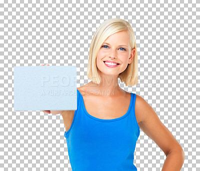 Buy stock photo Portrait, smile and woman with poster for mockup isolated on a transparent png background. Product placement, marketing banner and happy person with advertising, branding or promotion for copy space.