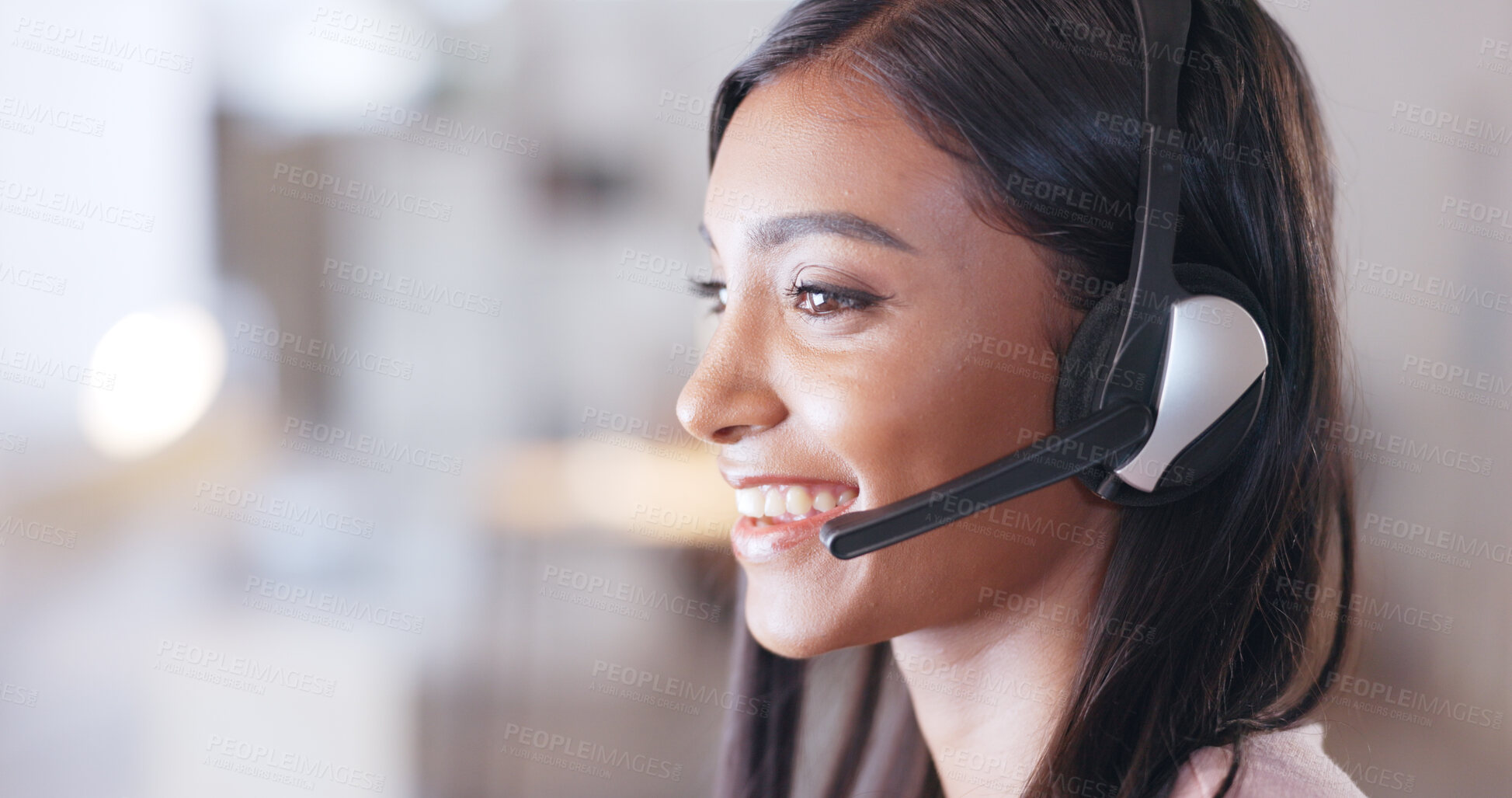 Buy stock photo Call center, face and happy woman consulting in office for customer service questions, help and FAQ contact in CRM agency. Indian telemarketing agent, IT support or communication for telecom advisory