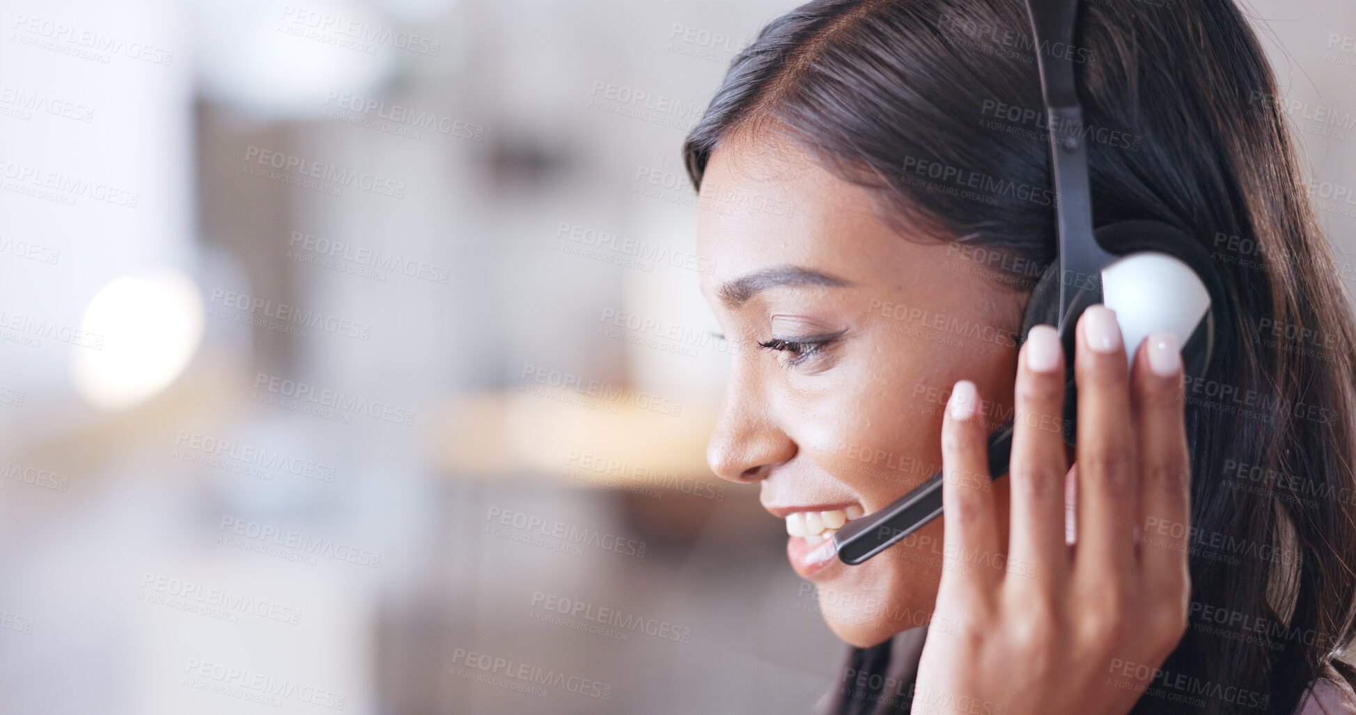 Buy stock photo Call center, woman and smile for consulting of customer service questions, CRM help desk and FAQ contact. Face of happy indian telemarketing agent, IT support and communication for telecom advisory