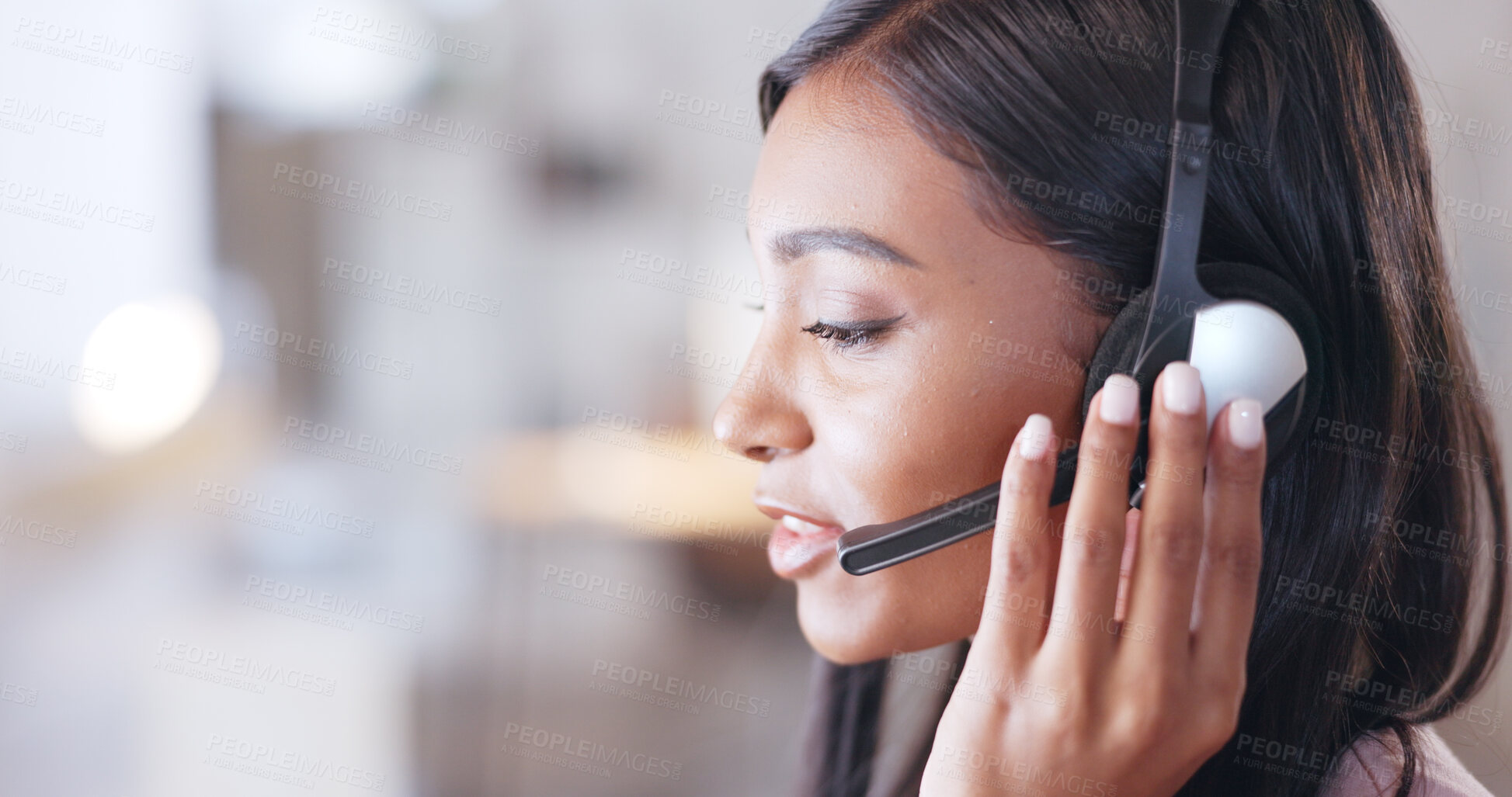 Buy stock photo Call center, woman and communication for consulting of customer service questions, CRM help desk and FAQ contact. Face of indian telemarketing agent, IT support and microphone for telecom advisory