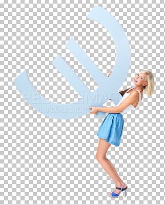 Buy stock photo Woman carry euro sign for finance mockup, money and profit growth. Financial investment, stock trading and girl with UK currency icon for banking or exchange isolated on a transparent png background