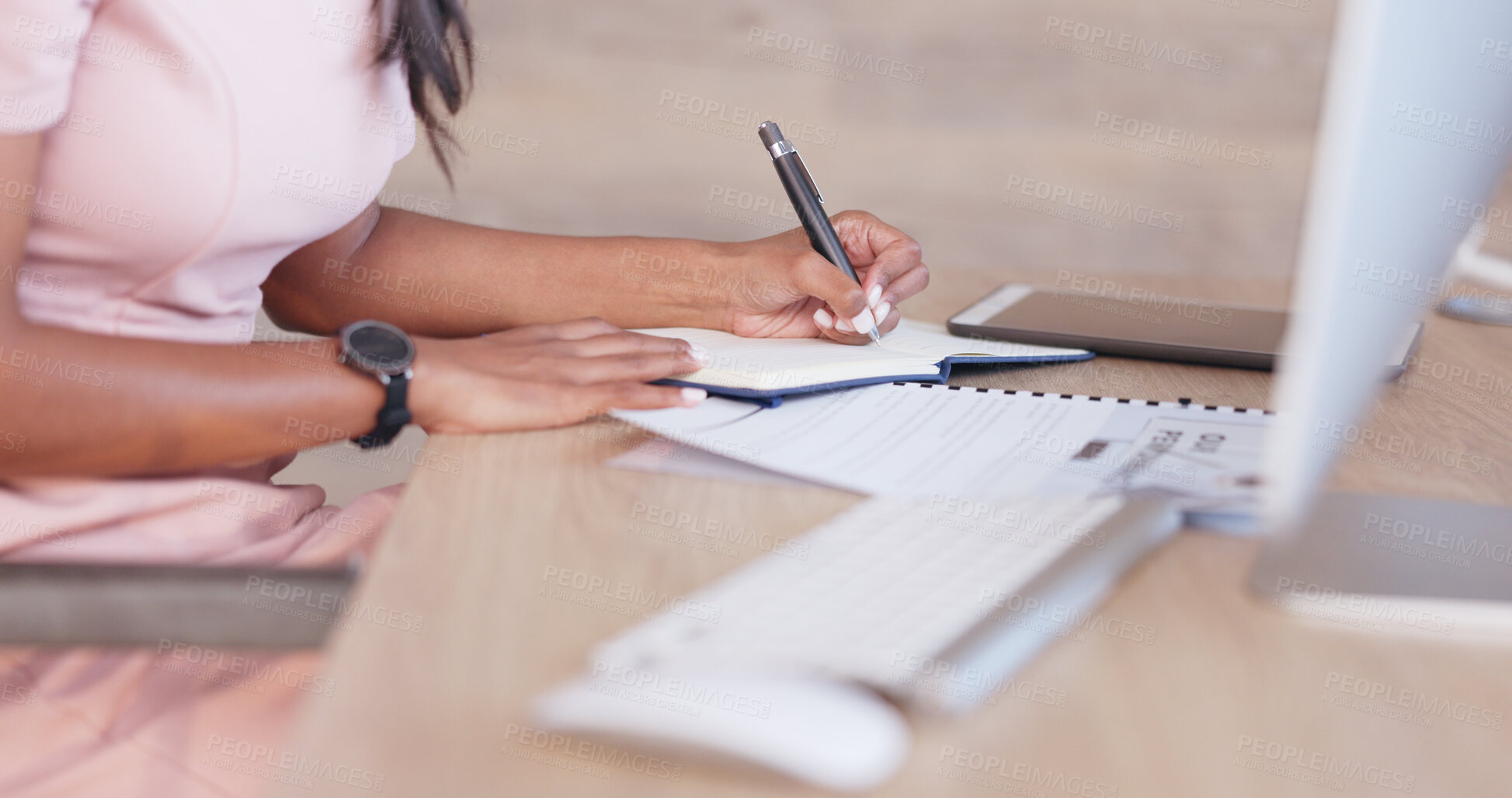 Buy stock photo Office woman, hands writing and work schedule for online appointment and making notes in calendar diary. Female entrepreneur, panning and checking info for notebook information and writer research