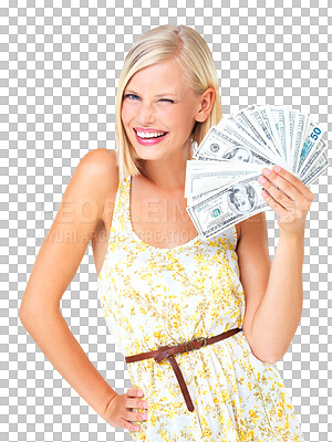 Buy stock photo Wink, money and portrait of woman isolated on transparent, png background winning, cash fan and finance success. Rich, lotto deal and happy person or winner with investment bonus, cashback or lottery