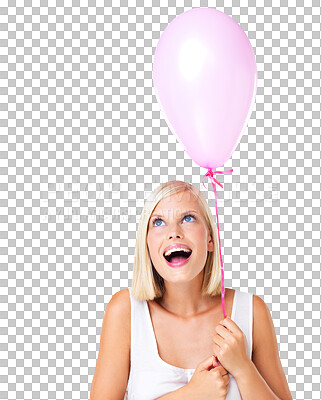 Buy stock photo Balloons, excited surprise and woman isolated on transparent png background. Happy young female, balloon and wow face for birthday party celebration, special event and thinking of gift to celebrate 