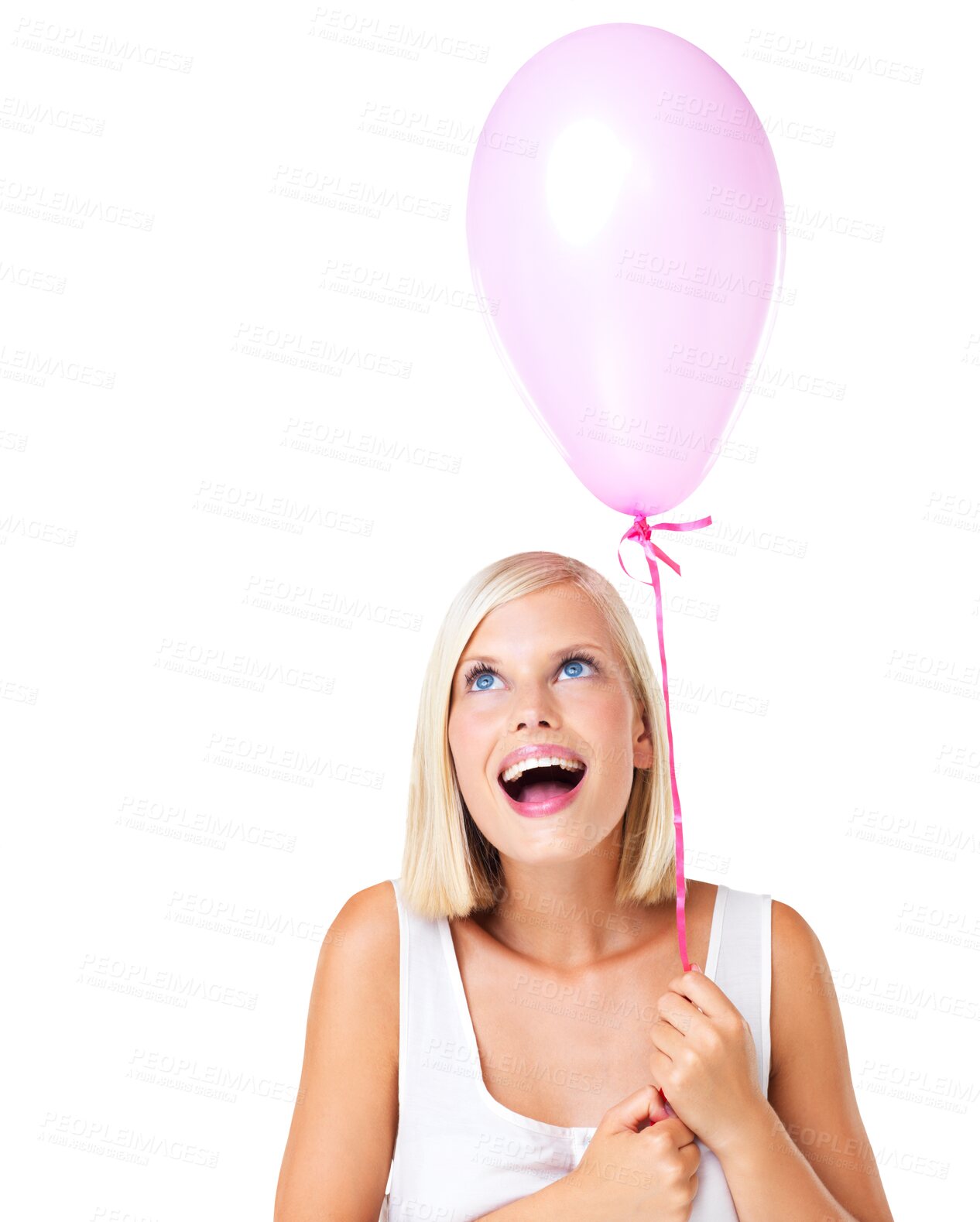 Buy stock photo Balloons, excited surprise and woman isolated on transparent png background. Happy young female, balloon and wow face for birthday party celebration, special event and thinking of gift to celebrate 