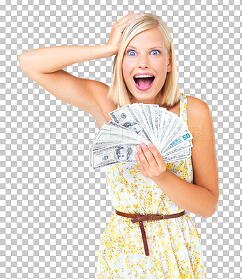 Buy stock photo Woman, winner and wow money or cash in hands for prize isolated on a png, transparent background. Female surprise with dollar bills for currency, economy and lottery competition award or bonus win
