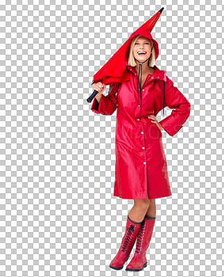 Buy stock photo Smile, red and portrait of woman with umbrella, raincoat and winter fashion and protection in rain. Happiness, insurance and happy model in waterproof clothes isolated on transparent, png background.