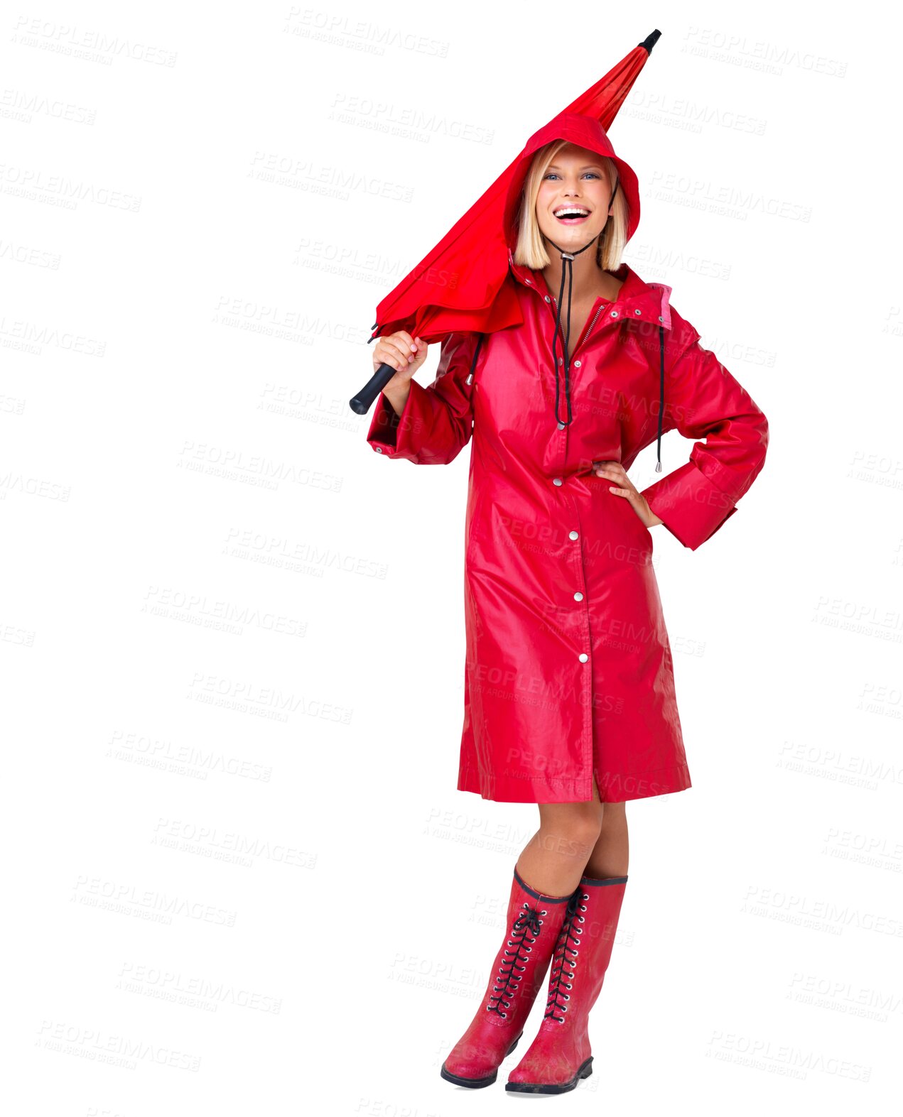 Buy stock photo Smile, red and portrait of woman with umbrella, raincoat and winter fashion and protection in rain. Happiness, insurance and happy model in waterproof clothes isolated on transparent, png background.