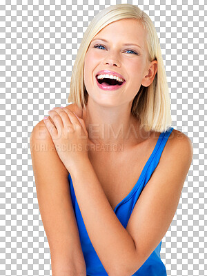 Buy stock photo Woman in portrait, laughter and happy model, positive mindset isolated on transparent, png background. Young female, laughing at funny joke with comedy, carefree and smile with confidence