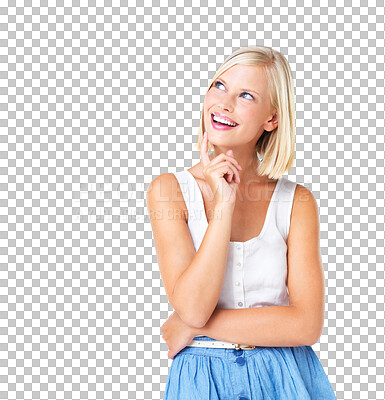 Buy stock photo Happy woman, thinking with ideas and inspiration, memory with decision or choice isolated on transparent or png background. Young female, think with contemplation and question with curious person