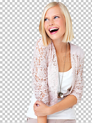 Buy stock photo Comic, happy and laughing woman in studio for fashion, style and glamour isolated on transparent png background. Joy, humor and confident girl smile, laugh and enjoying silly, funny or comedy