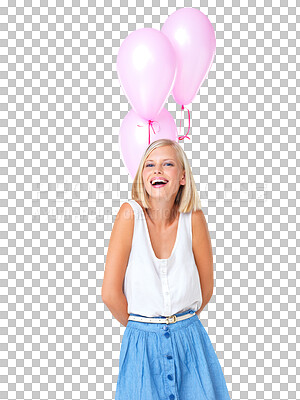 Buy stock photo Balloons, portrait and smile of excited woman isolated on transparent png background. Happy female, pink balloon and birthday celebration of special event, fun party and celebrate with surprise gift 