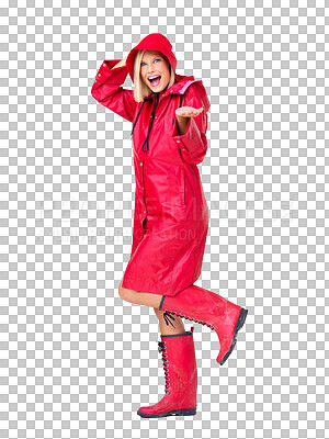 Buy stock photo Red raincoat, portrait and excited woman and mockup. Model, smile and young person with happiness for winter rain and storm with waterproof clothes in mock up isolated on a transparent png background