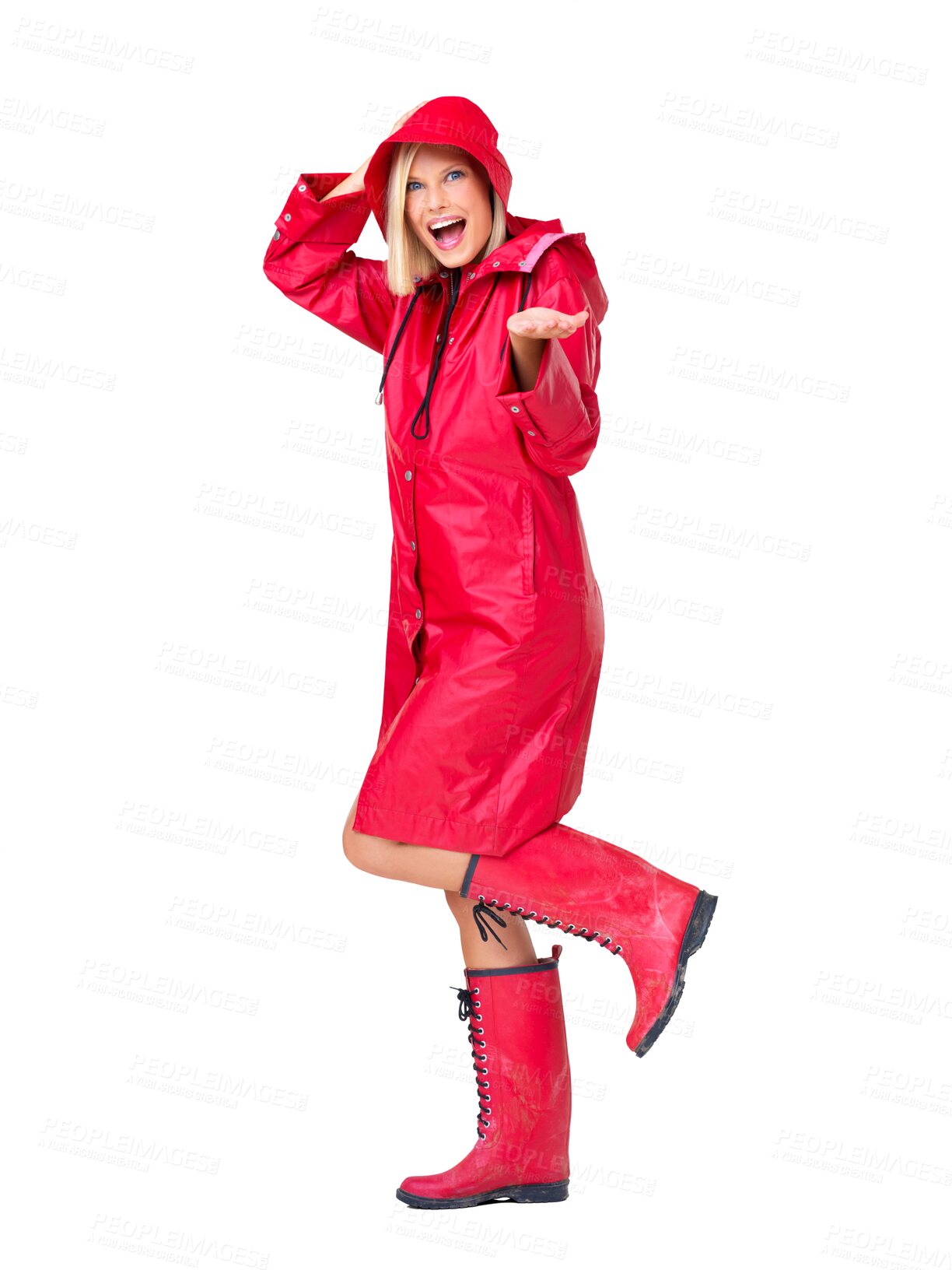 Buy stock photo Red raincoat, portrait and excited woman and mockup. Model, smile and young person with happiness for winter rain and storm with waterproof clothes in mock up isolated on a transparent png background