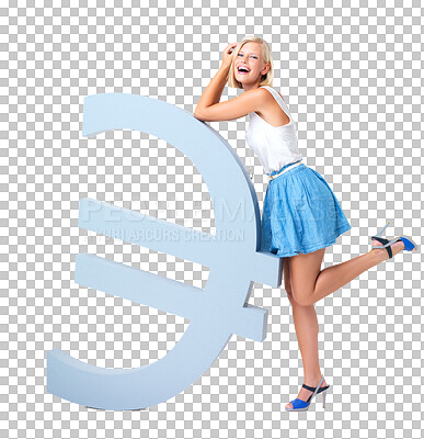 Buy stock photo Euro sign, portrait and happy woman isolated on transparent, png background finance, money or sales profit. Financial investment, stock market and fashion person with UK currency, exchange or banking