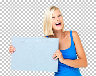 Buy stock photo Portrait, board and woman laughing with mockup isolated on a transparent png background. Product placement, commercial or funny female person with banner for advertising, marketing space or promotion