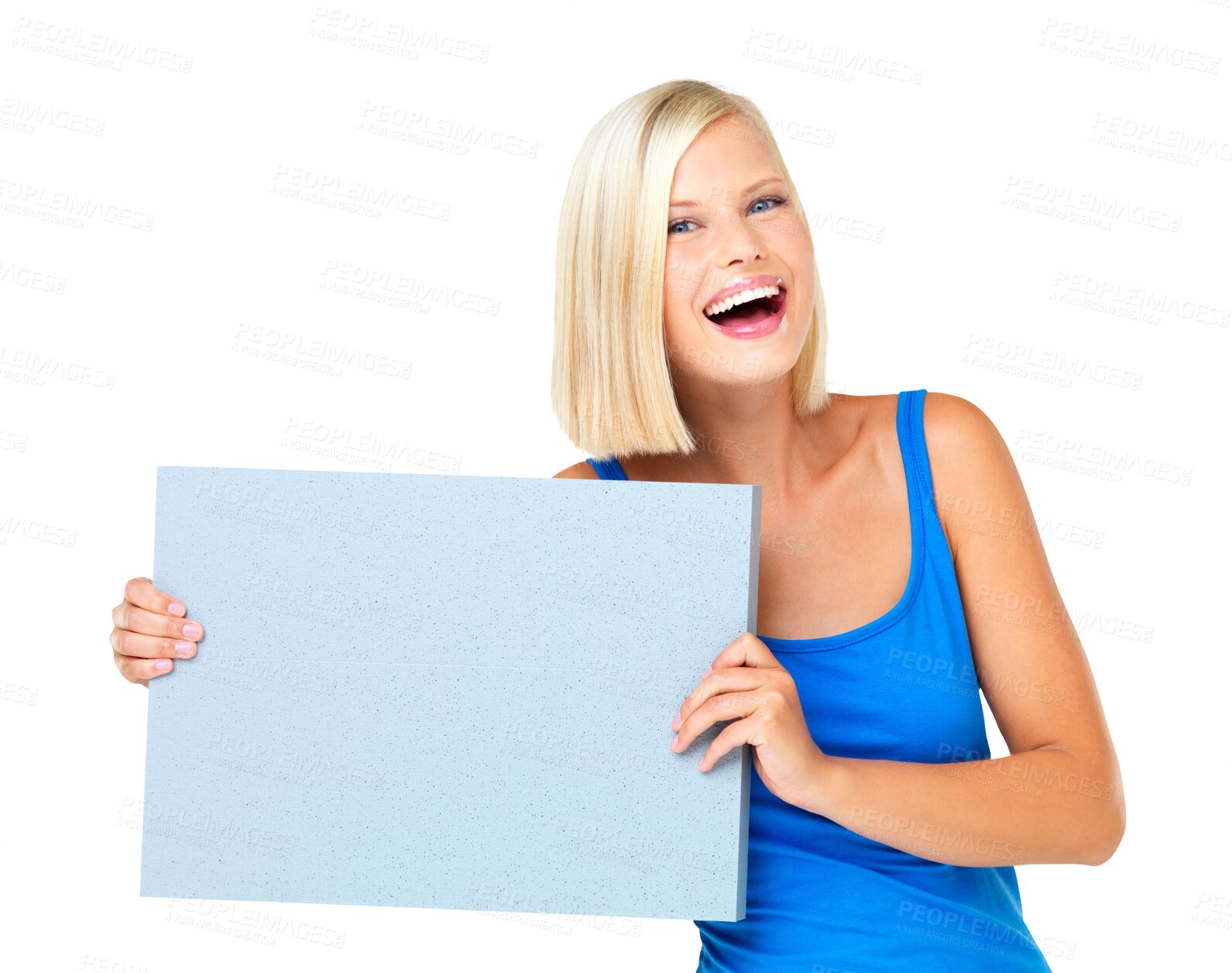 Buy stock photo Portrait, board and woman laughing with mockup isolated on a transparent png background. Product placement, commercial or funny female person with banner for advertising, marketing space or promotion