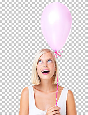 Buy stock photo Balloons, surprise and happy woman looking up while isolated on transparent png background. Happy female, balloon and excited to celebrate birthday party, wow gift and thinking of celebration ideas 