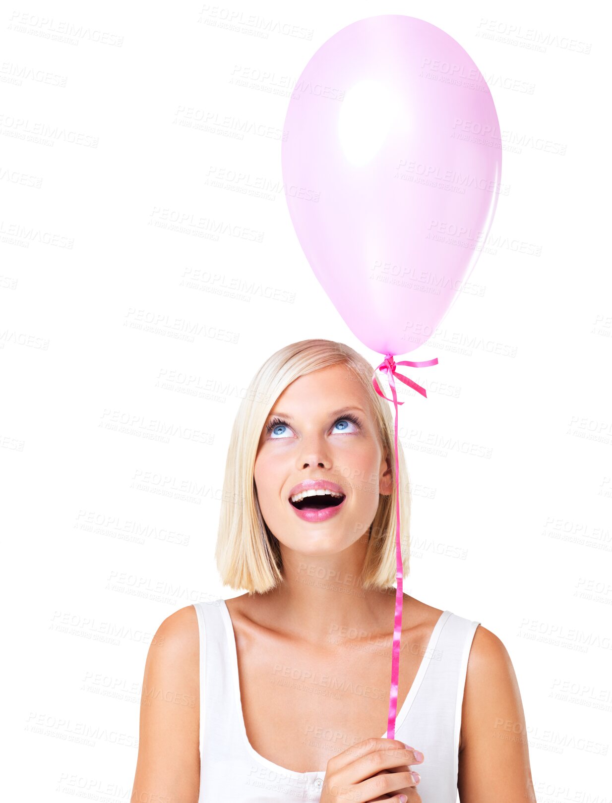 Buy stock photo Balloons, surprise and happy woman looking up while isolated on transparent png background. Happy female, balloon and excited to celebrate birthday party, wow gift and thinking of celebration ideas 