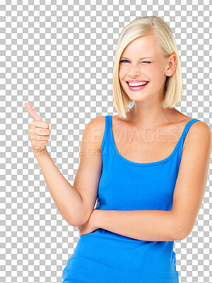 Buy stock photo Woman, thumbs up and portrait isolated on a transparent, png background success, thank you and support, like or vote. Winner person wink with yes, ok and agreement hands sign or emoji for winning