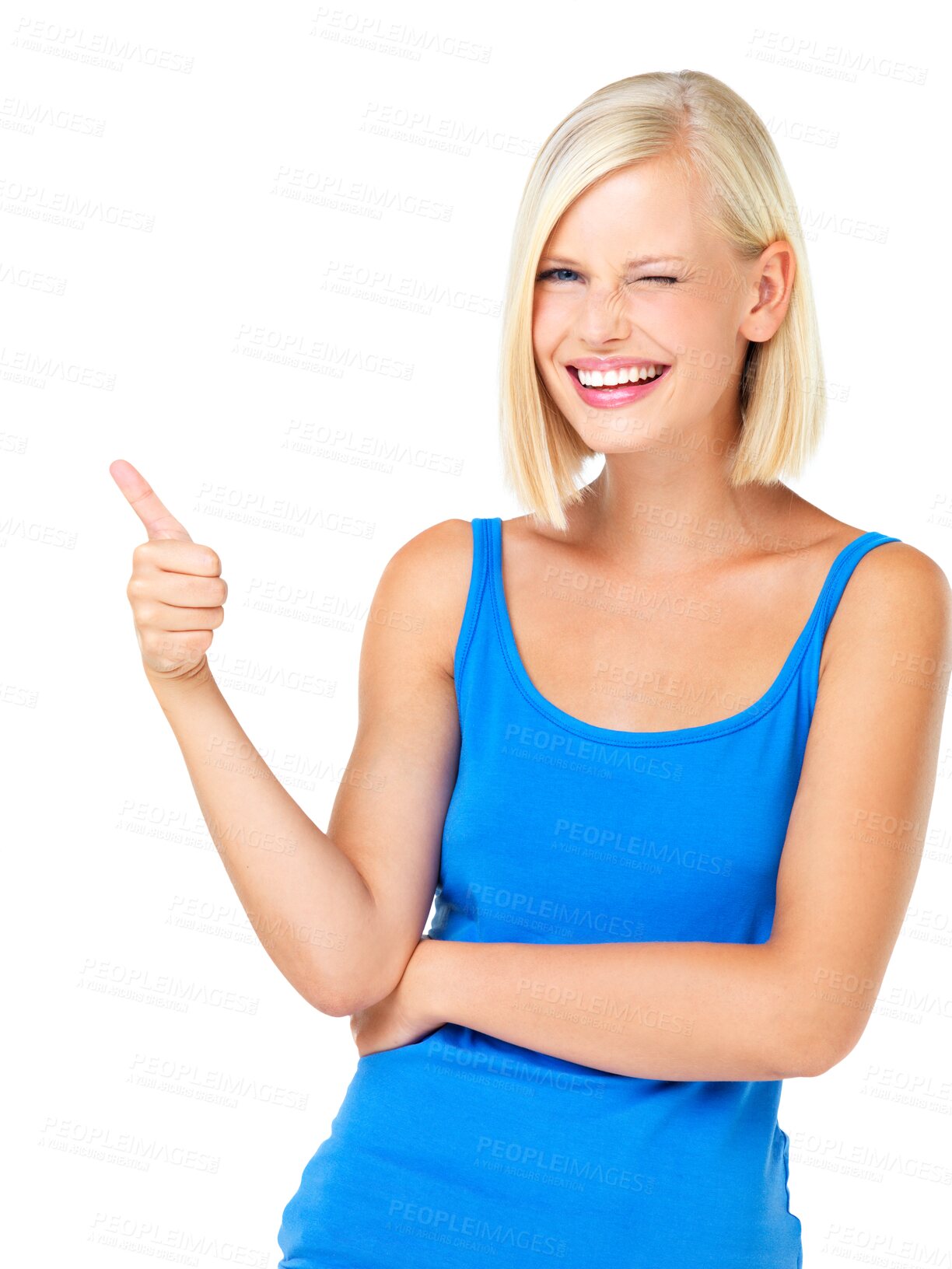 Buy stock photo Woman, thumbs up and portrait isolated on a transparent, png background success, thank you and support, like or vote. Winner person wink with yes, ok and agreement hands sign or emoji for winning