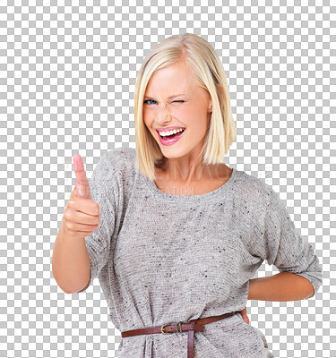 Buy stock photo Thumbs up, portrait and wink of happy woman isolated on transparent png background. Female, thumb and smile of winner, achievement and celebration of like emoji, yes and feedback of review of support