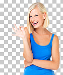 Woman, portrait smile and hands in OK sign for approval, satisfaction or perfection. Happy female smiling and showing hand gesture for perfect or precision isolated on a png background