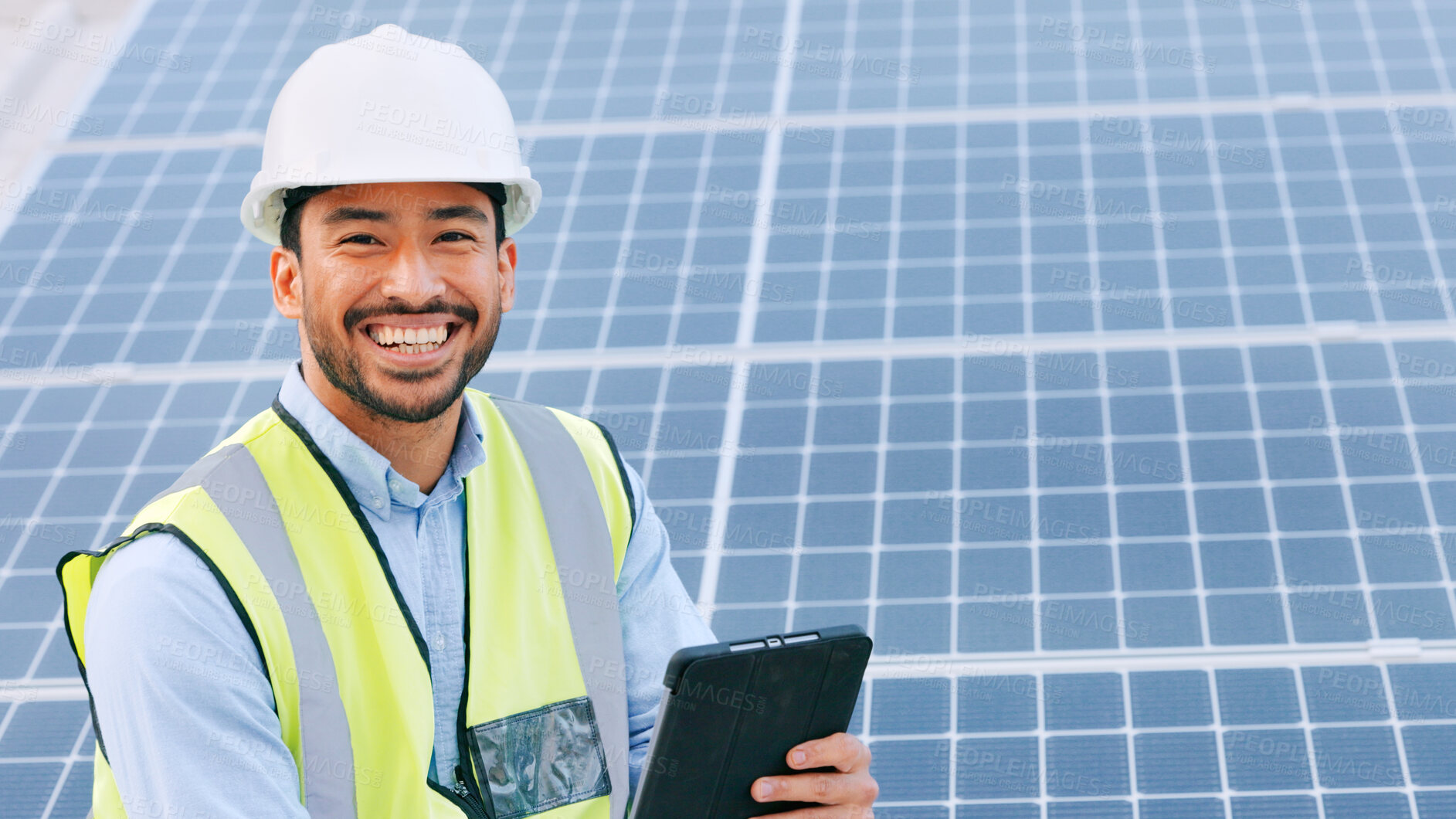 Buy stock photo Solar panel, electricity and man portrait with tablet and engineer with planning and renewable energy. Architecture, construction worker with smile from eco friendly and sustainability project