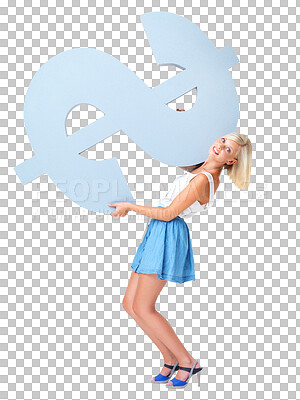 Portrait of woman holding dollar sign, increase saving and investment profit or startup finance loan. Money, budget and economic success with financial freedom in isolated on a png background