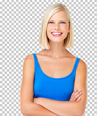 Buy stock photo Smile, happy and portrait of woman in studio, proud and relax on mockup, space. Face, young and girl model posing, casual and confident or real with joy while isolated on a transparent png background